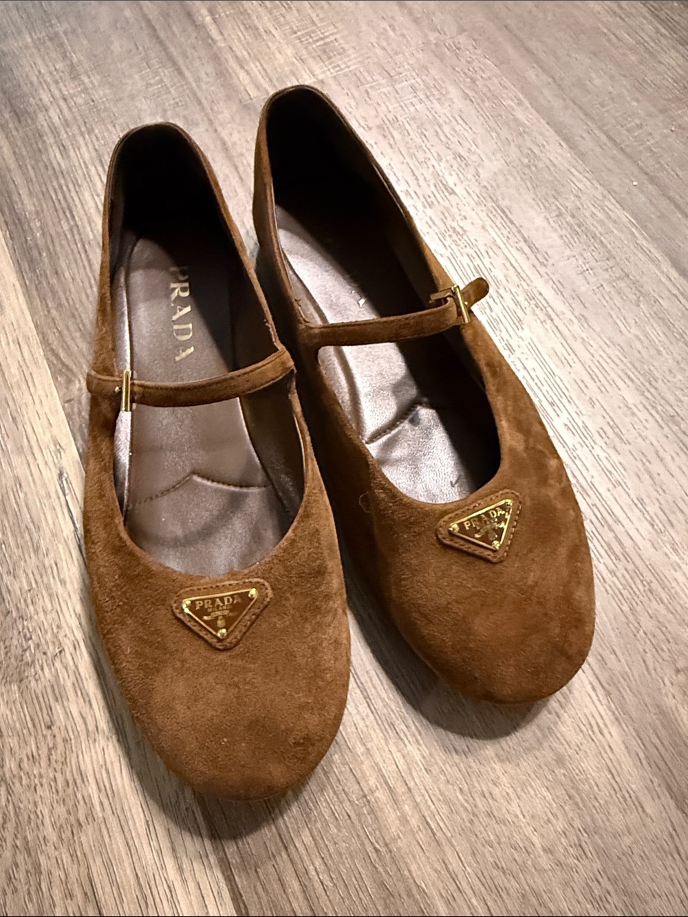 Prada Brown Suede Mary Jane Flats with Gold Logo